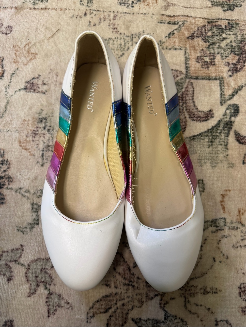 Wanted White Ballet Flats with Rainbow Stripe Detail